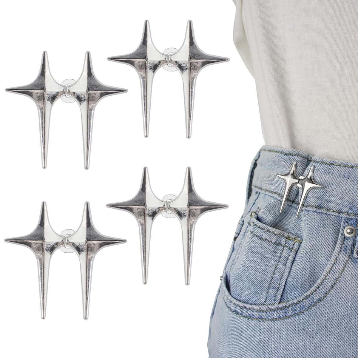 PALAY 4 Pairs Adjustable Waist Buckle Loose Jeans Button, Star-shaped Instant Jeans Tightening Clips, Detachable Waist Button Pins for Pants, Skirt PALAY 4 Pairs Adjustable Waist Buckle Loose Jeans Button, Star-shaped Instant Jeans Tightening Clips, Detachable Waist Button Pins for Pants, Skirt